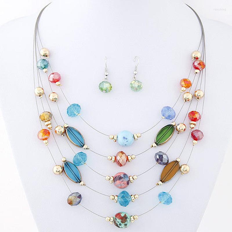 

Pendant Necklaces Fashion European And American Bohemian Style All-match Crystal Shell Mixed Simple Multi-layer Necklace Earring Set For