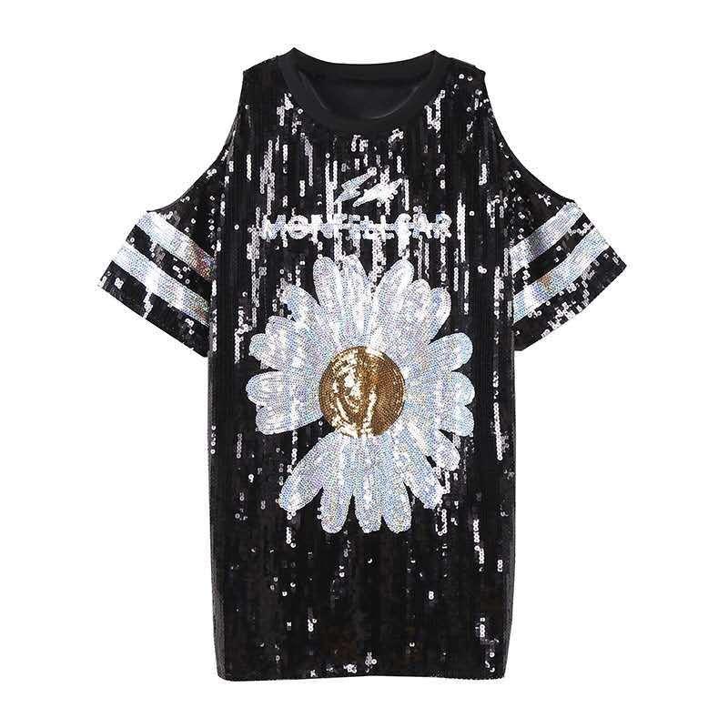 

Women's T Shirts CHIC Ins Sweet Floral Daisy Women Sequin Long Europe Casual Sexy Cutout Ladies Tee Sunflower Dress Party Stay Home Style, Black