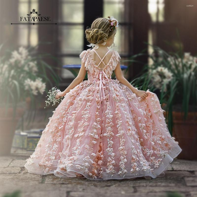 

Girl Dresses FATAPAESE Flower Dress A-line Skirt With Three Dimensional Petals Scattered All Over The Gown And Embroidered Vines Lace Up, Picture shown