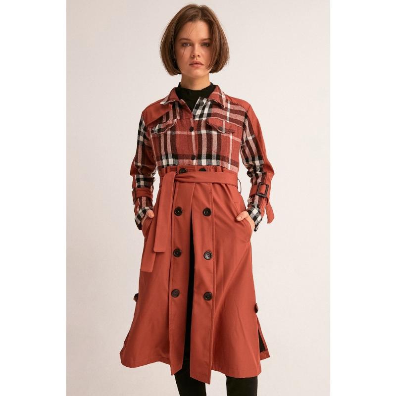 

Women' Trench Coats Causal Light Tan Autumn Women Coat Split Joint Elegant Long Sleeve Plaid With Belt Windbreaker, Brown