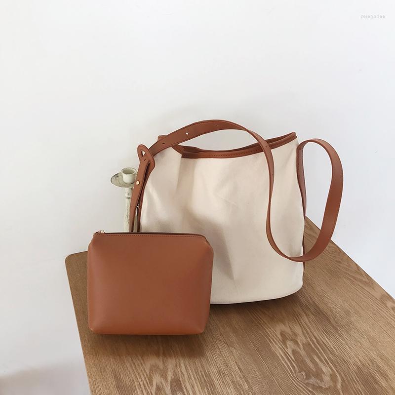 

Evening Bags Women Canvas Shoulder Bag Casual Totes Crossbody Bucket Female PU Leather Handbags Large Shopping School Composite, Brown