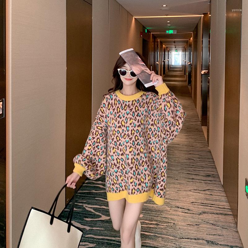 

Women's Sweaters 2023 Sweater Fashion Pullover Mid-Length Loose And Plus-sized Leopard Print Round Neck Bottoming, Beige