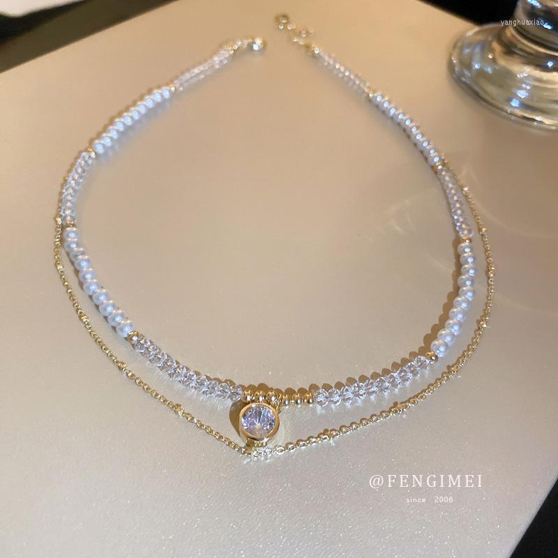 

Pendant Necklaces Women's Exquisite Jewelry Cubic Zirconia Necklace Double Layer Chain Delicate Acrylic Beaded Neck Chains