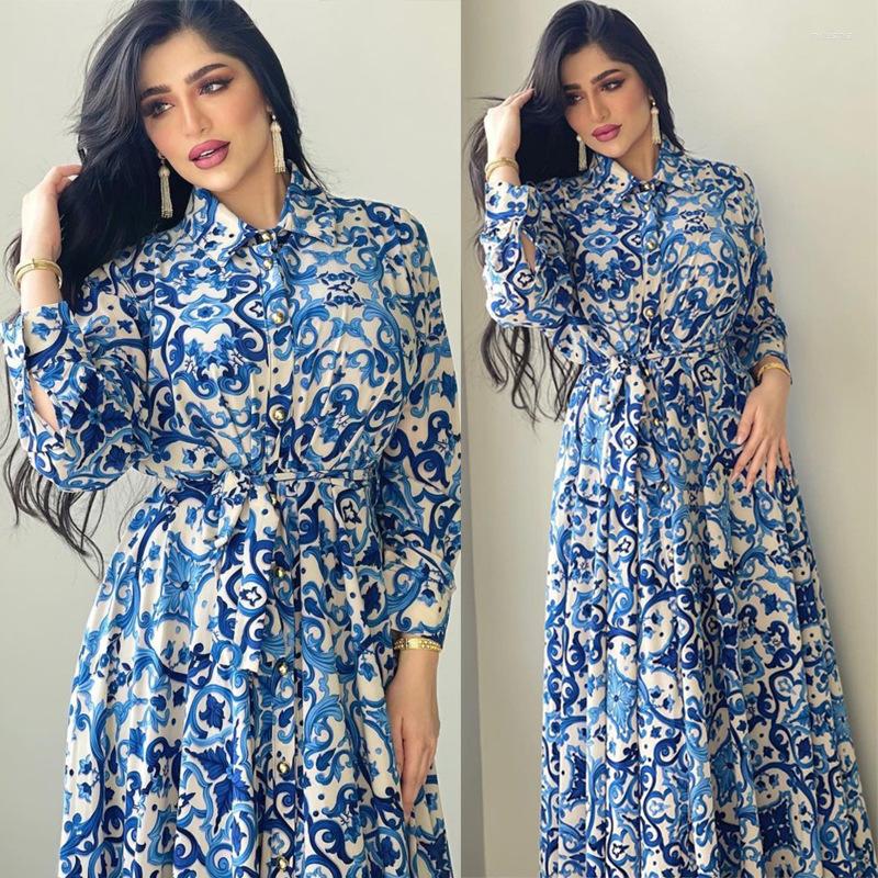 

Ethnic Clothing Muslim Fashion Women Abaya Turkey Dubai Dress Blue Floral Print Dresses Arabia Southeast Asia Elegant Casual Streetwear