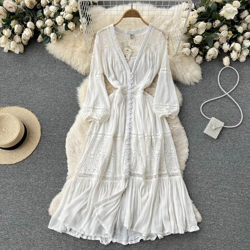 

Casual Dresses Women' Hollow Out Long Sleeve V Neck Dress Spring Summer Streetwear Holiday A Line Lady Solid Color Vestido, White