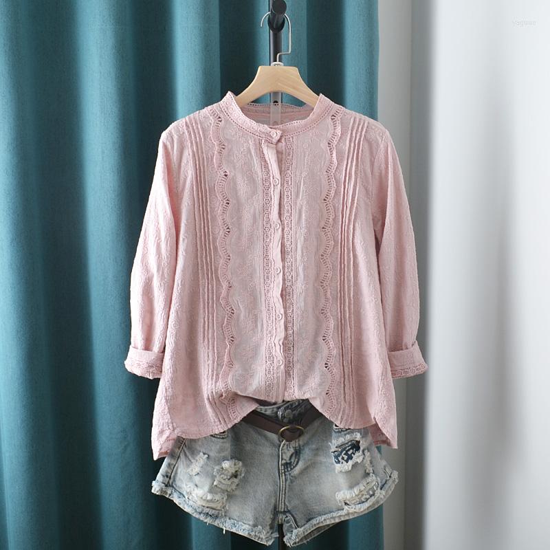 

Women's Blouses Lamtrip Satnd Collar Ruffles Pleated Flowers Embroidery Cotton Long Sleeve Shirt Blouse Women 2023 Summer, Beige