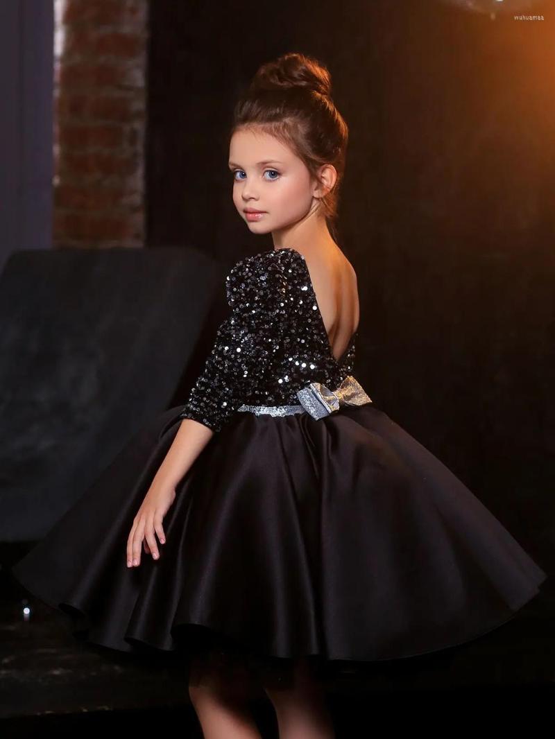 

Girl Dresses Black Tulle Girl's Dress Knee Length Half Sleeve Princess Flower Baby Kid Birthday Party Gown