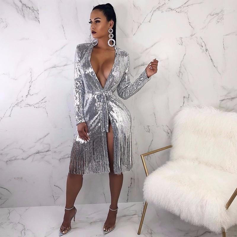 

Party Dresses Deep V-neck Sparkling Lace-up Long Sleeve Sexy Split Fringed Cocktail Dress Silver Tassel YSAN496, Red