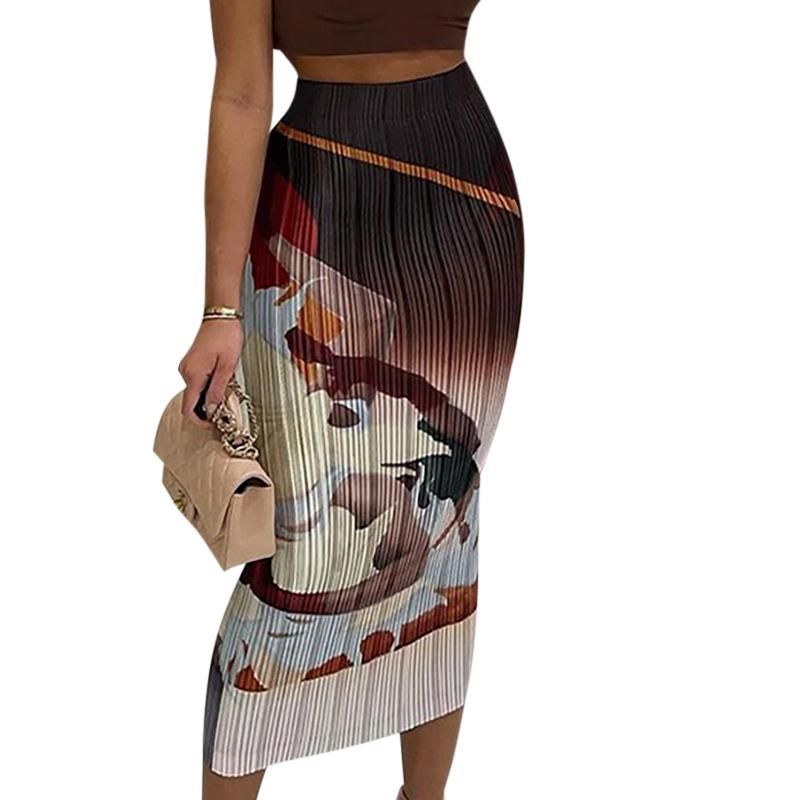 

Skirts Pleated Long Skirt For Women 2023 Summer Style Casual Print Slim Elastic Waist Fashion Streetwear Femme Pencil, Multi