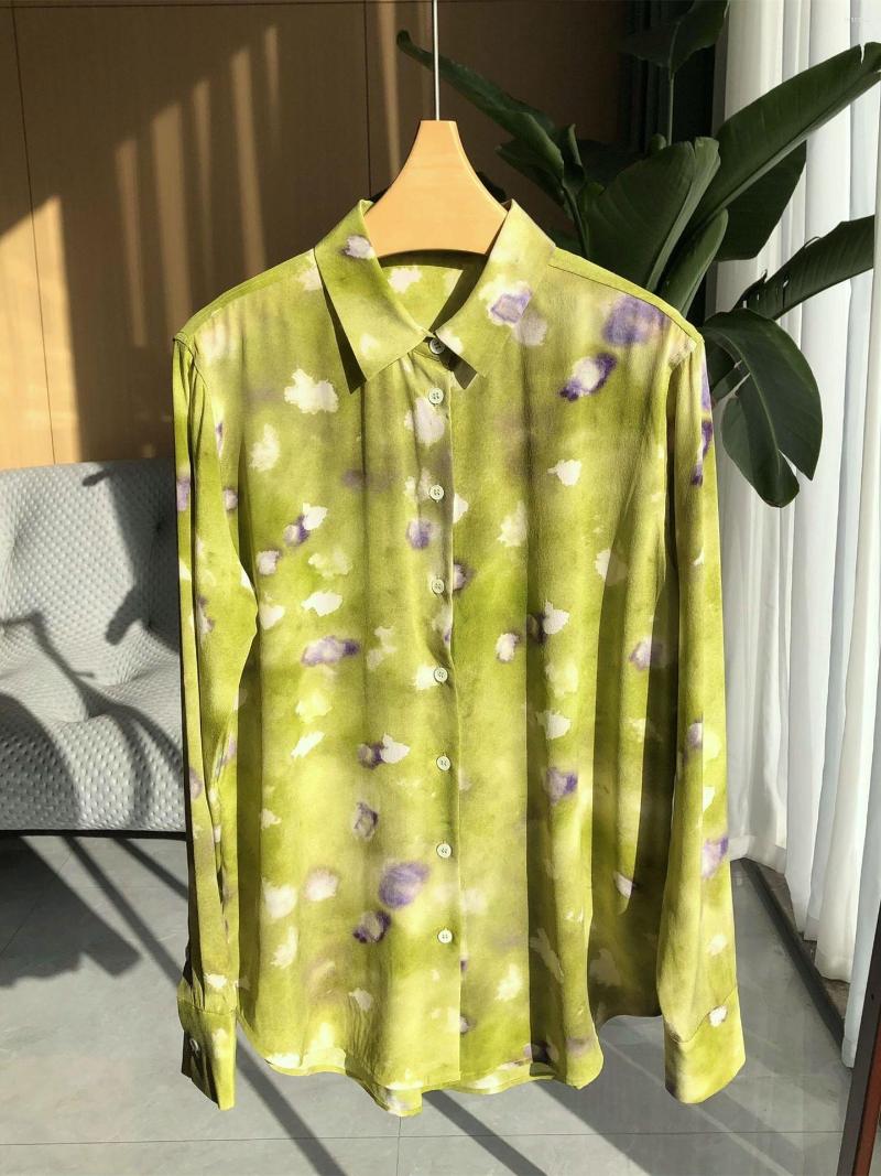 

Women' Blouses Women Silk Vanilla Green Tie-Dye Shirt Turn-Down Collar Single-Breasted Long-Sleeved Blouse