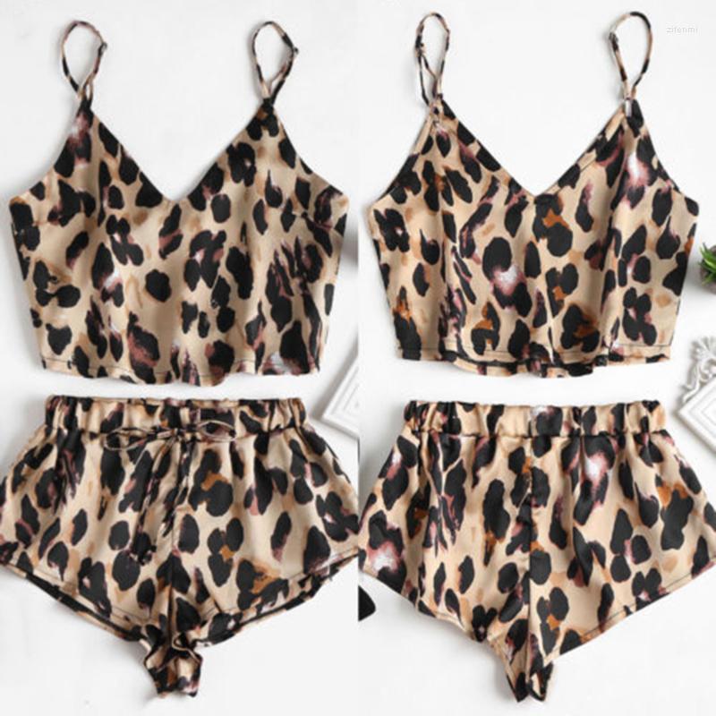 

Women' Sleepwear Women' Sexy Pajama Set Fashion Two-Piece Spaghetti Belt Vest Shorts Leopard Lace Comfortable, Brown