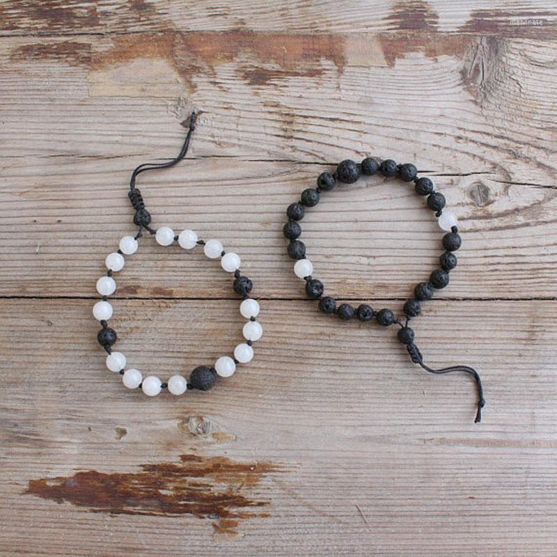 

Strand White Popcorn Crystal And Lava Rock Couple Bracelets Set For Gift