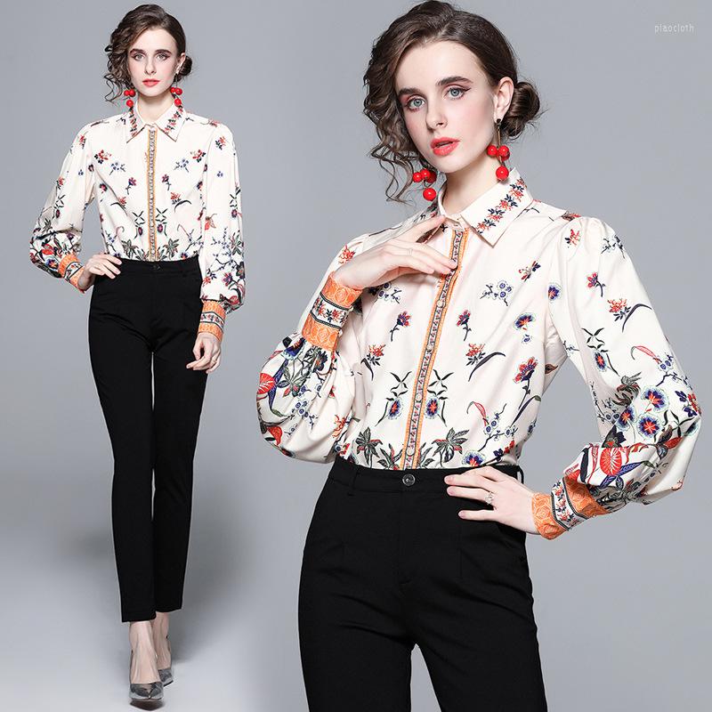 

Women's Blouses White Blouse Women Floral Print Camisas De Mujer Button Up Elegant Chemisier Femme Chic Puff Sleeves Blusas Femininas, As photo