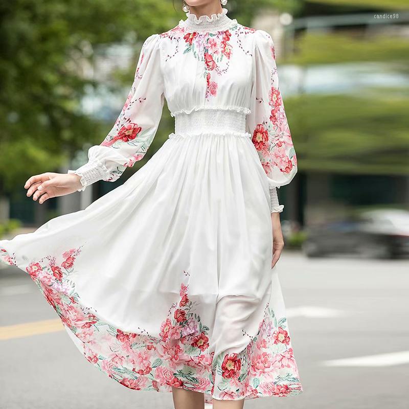 

Casual Dresses Est HIGH QUALITY Fashion 2023 Runway Dress Women' Stand Collar Petal Sleeve Ruffles Floral Print, Picture shown