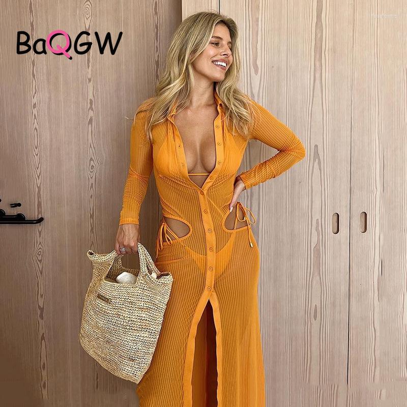 

Casual Dresses BaQGW Beachwear Turn-down Collar Single Breasted Long Dress For Women Elegant Sleeve Mesh See Through Sexy Maxi, Orange