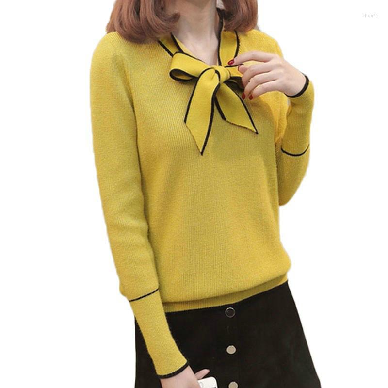 

Women's Sweaters PEONFLY Elegant Bow Winter Pullovers Sweater Women Jumper 2023 Korean Long Sleeve Knitted Tops Female Yellow Red Ladies, Black