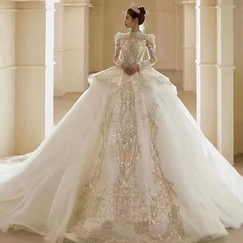 

2023 Dubai Luxury a line Wedding Dresses sequined Sexy Long Sleeves Appliques New Vintage cryatal Lace Wedding Dresses Vestios De Novia Bridal Gown, Same as image