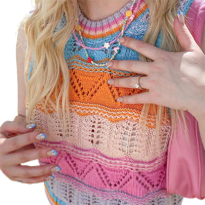 

Women' Sweaters Women' Crochet Knit Tank Tops Bohemian Sleeveless Round Neck Striped Color Crop, Multi