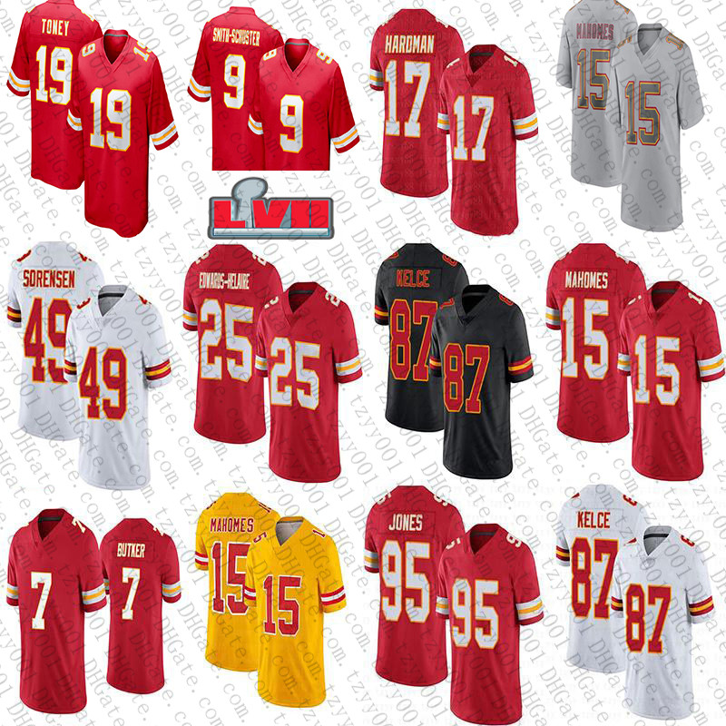 

15 Patrick Mahomes Travis Kelce Custom Football Jerseys Kadarius Toney Isiah Pacheco JuJu Smith Schuster LJarius Sneed Chris Jones Nick Bolton Harrison Butker, Youth