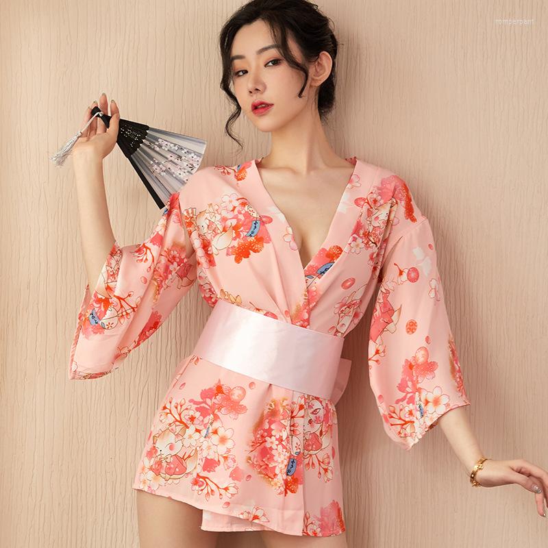 

Bras Sets Erotic Lingerie Ladies Sexy Japanese Printed Kimono Game Uniform Temptation Bathrobe Set Cosplay Women, Pink