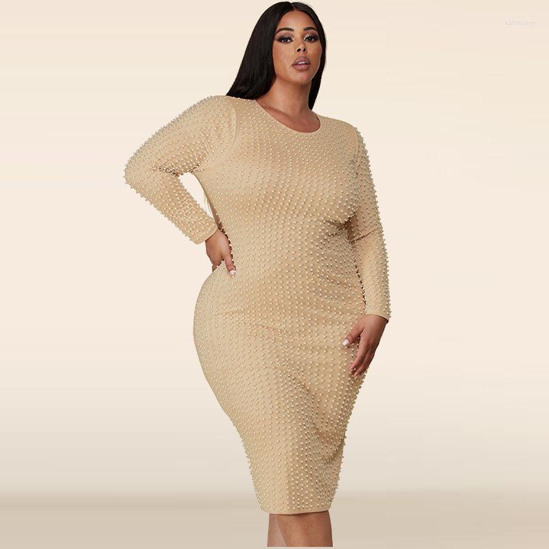 

Plus Size Dresses Women 2023 Autumn Fashion Beaded Slit Elegant Party Round Neck Long Sleeve Casual Lady Midi Dress, Beige