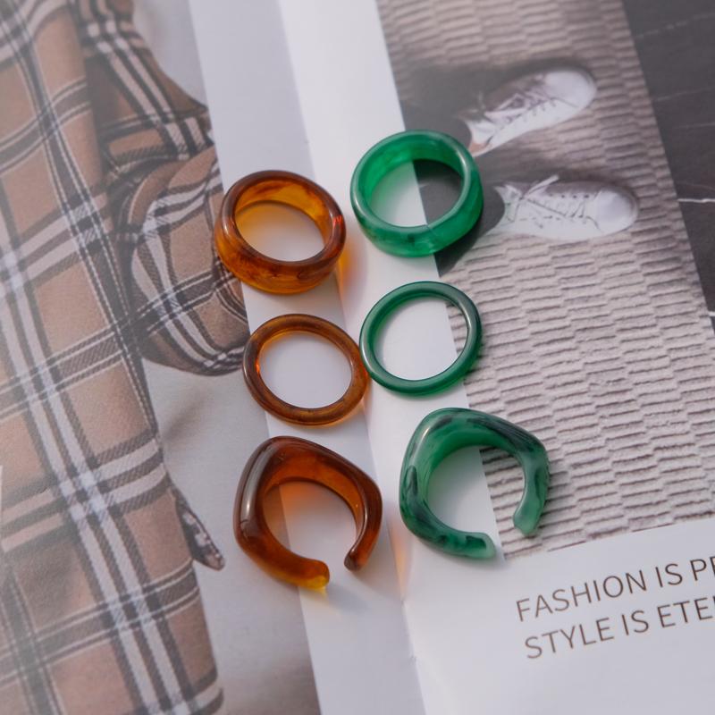 

Cluster Rings 3pcs/set Creative Retro Design Resin Y2k Style Stackable Jewelry Geometric Green Brown Fashion Free Size Ring WholesaleCluster