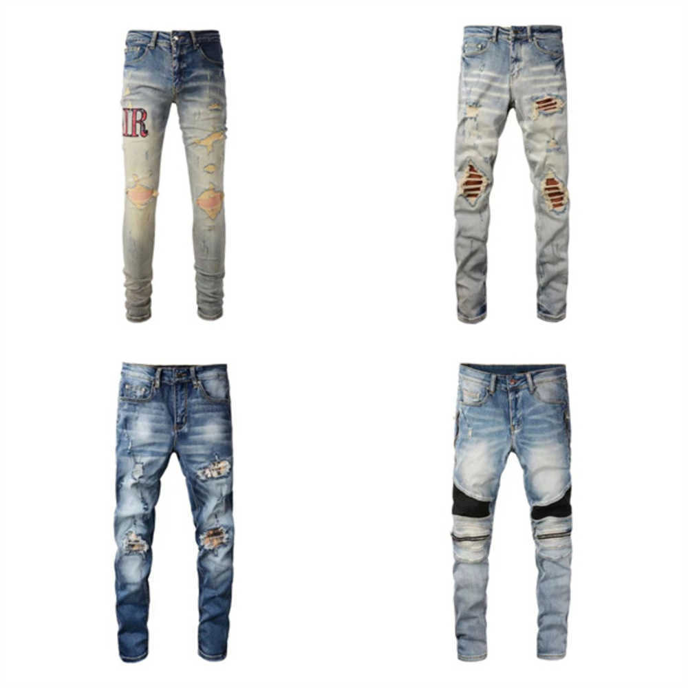 

Men Black Ripped Jeans Baggy Designer Pants for Middle Waist Slim Fit Leopard Patch Long Light Blue Printing Cotton Self-cultivation Make7lcf