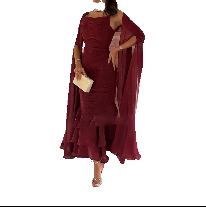

Chiffon Mermaid Evening Dresses High Neck Pleat Tiered Saudi Arabia Robe De Soiree Formal Occasion Gowns With Long Cape, Grape