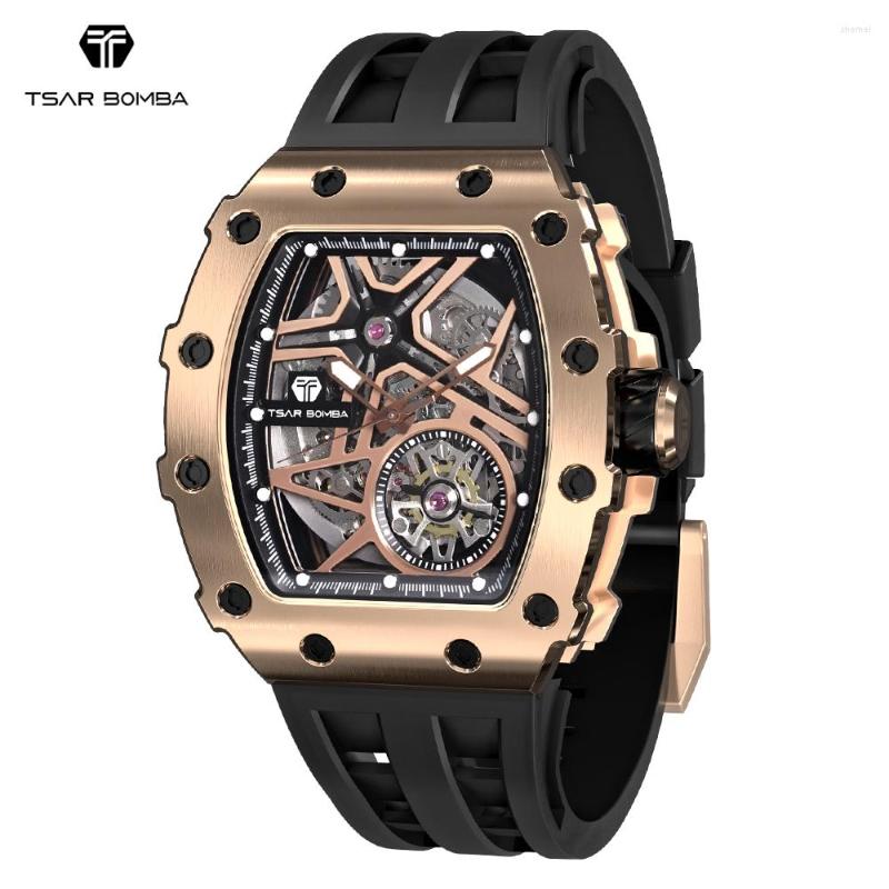 

Wristwatches Selling Luxury Men Watch Sapphire TSAR BOMBA Automatic Mechanical 316L Stainless Steel Skeleton Sport Wristwatch For Man, Yellow black