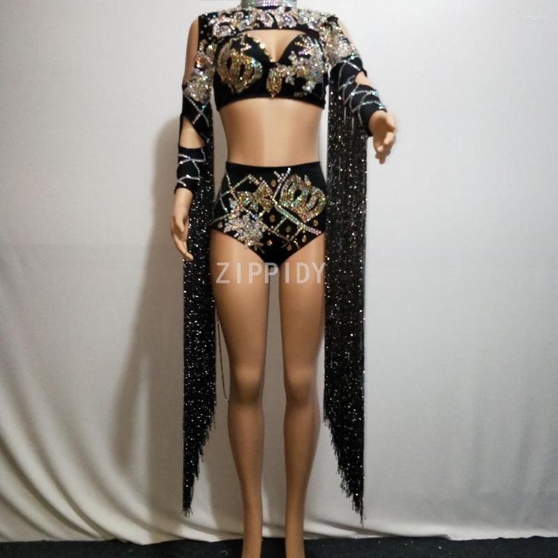 

Stage Wear 2023 Fashion Rhinestones Long Tassel Sleeves Top Short Women's Dance Birthday Celebrate Outfit Singer Bar Show Set, Black