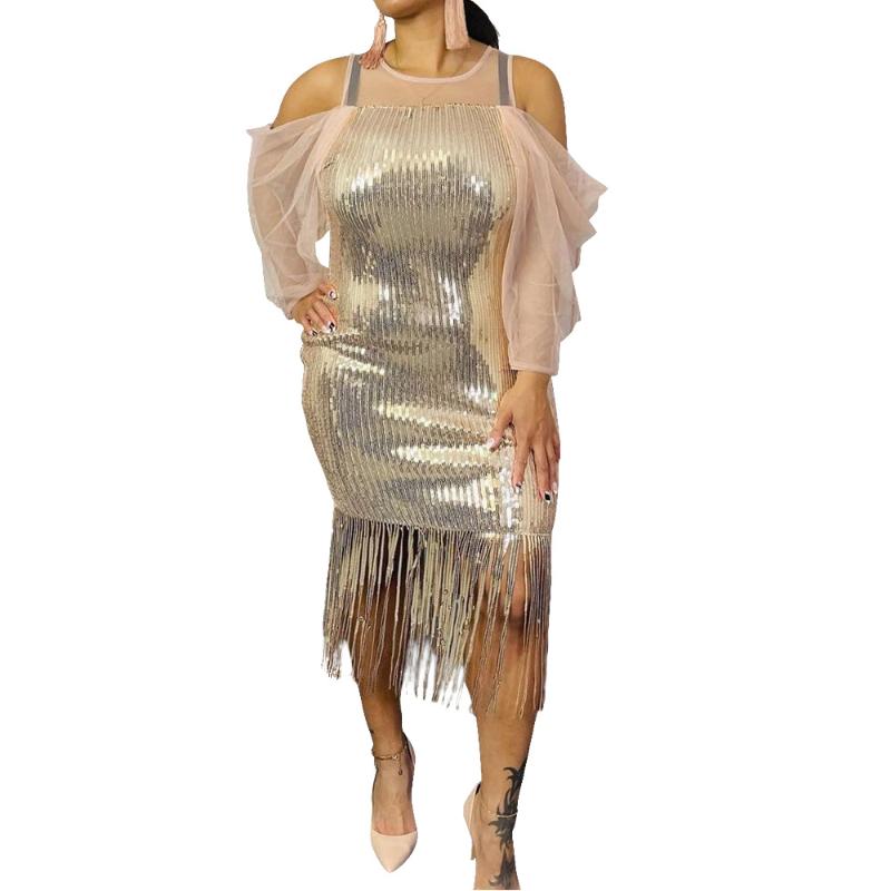 

Casual Dresses 2023 Autumn Off Shoulder Midi Dress Sexy Gauze Long Tassel Sequined Package Hip Female Evening Party Club Wear Vestidos, Gold