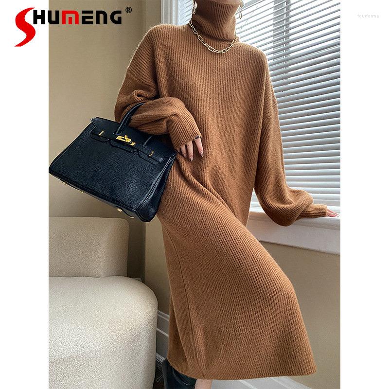 

Casual Dresses French Fluffy Profile High Collar Loose Dress Sweater Knitted Autumn And Winter Long Sleeve Mid-length For Women, Beige