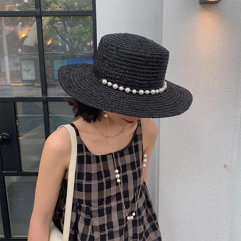 

Wide Brim Hats Fashion Golden Pearl Chain Raffia Straw Hat For Women Handmade Boater Band Lady Summer Beach Caps Luxury Cape, Black