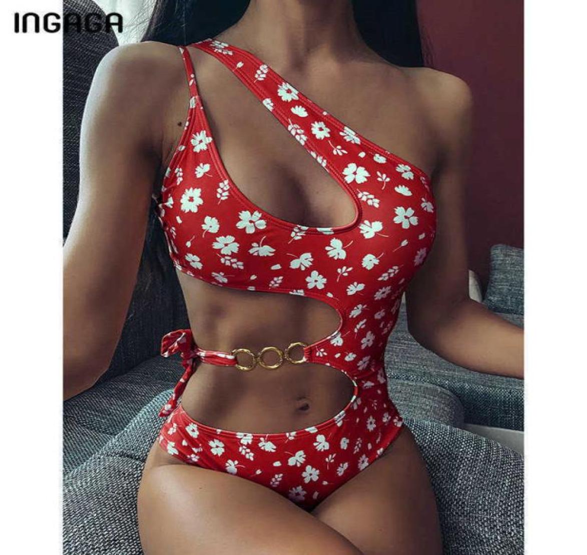 

INGAGA Cut Out Swimwear Women Onepiece Swimsuits One Shoulder Bathing Suit Metal Ring Monokini 2021 New Summer Floral Bathers3900713