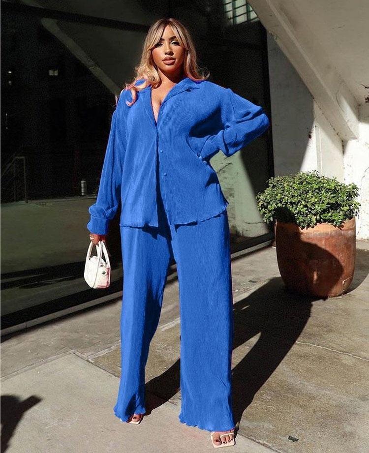 

Women's Two Piece Pants Shirt Pleated Sets High Waist Wide Leg Suit Casual Elegant Female Long Sleeve Top Outfit MatchingWomen's, 01 green