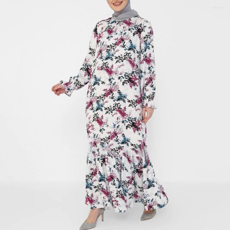 

Ethnic Clothing 2023 High Quality Muslim Fashion Printed Maxi Women Dresses Round Collar Elastic Micro Flare Sleeve Long Robe Arabic Party