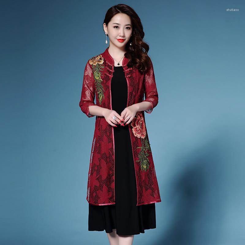 

Work Dresses Chinese High End Plus Size Vintage Lace Trench Coat Women Summer 2 Pieces Dress And Flowers Embroidery Clothing Set, Black