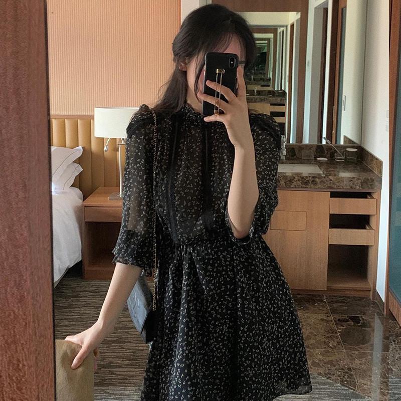 

Casual Dresses Summer Holiday Beach Black Print Dress Flare Sleeve Prairie Fashion Stand Collar Slim Mini Small Girl A Line Party DressCasua