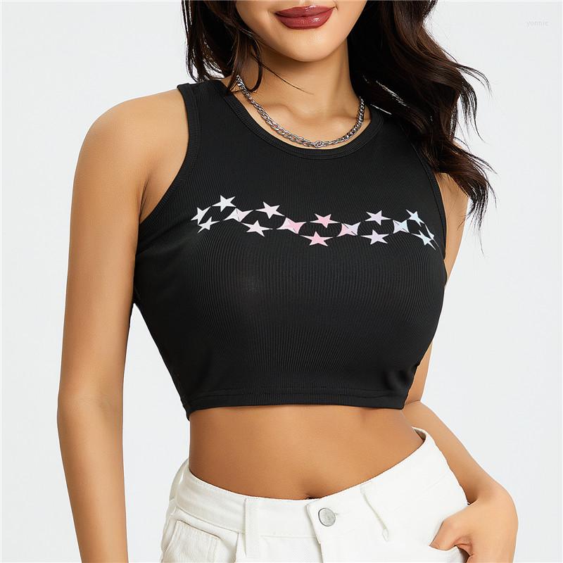 

Women' Tanks Women' Summer Slim Vest Y2K Vinatge Star Print Sleeveless Crew Neck Show Navel Cropped Tank Tops Female Camisole Grunge, Black