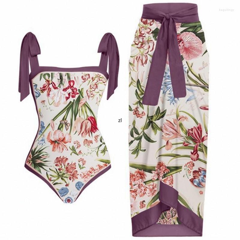 

Ethnic Clothing 2 Piece Bikini Set Women Outfit Gathered Open Back Swimsuit Suit Chiffon Print Sunscreen Beach Skirt Slim Sexy 2023 Spring
