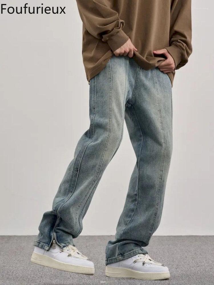 

Men's Jeans Foufurieux High Waisted Woman 2023 Spliced Zippers Split Boyfriend Women Vintage Streetwear Y2k Baggy Pants MEN, Blue