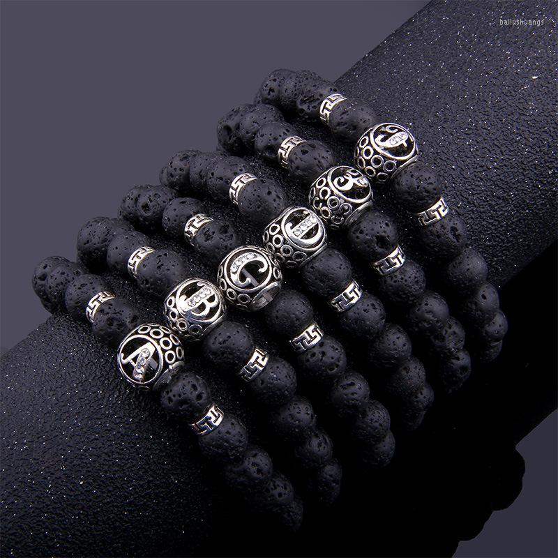 

Strand Natural Lava Stone 26 Letters Inlay Zircon Bracelet Or Women Men Couple Jewelry Name Friendship Initial Bead