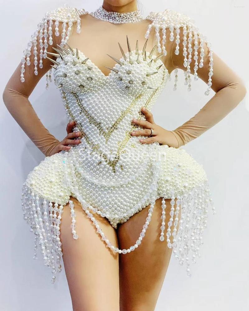 

Stage Wear Super Sparkly RhinestoneJumpsuit Stretch Sexy White Pearl Crystals Costume EveningTassel Celebrate Dress Luxurious Outfit