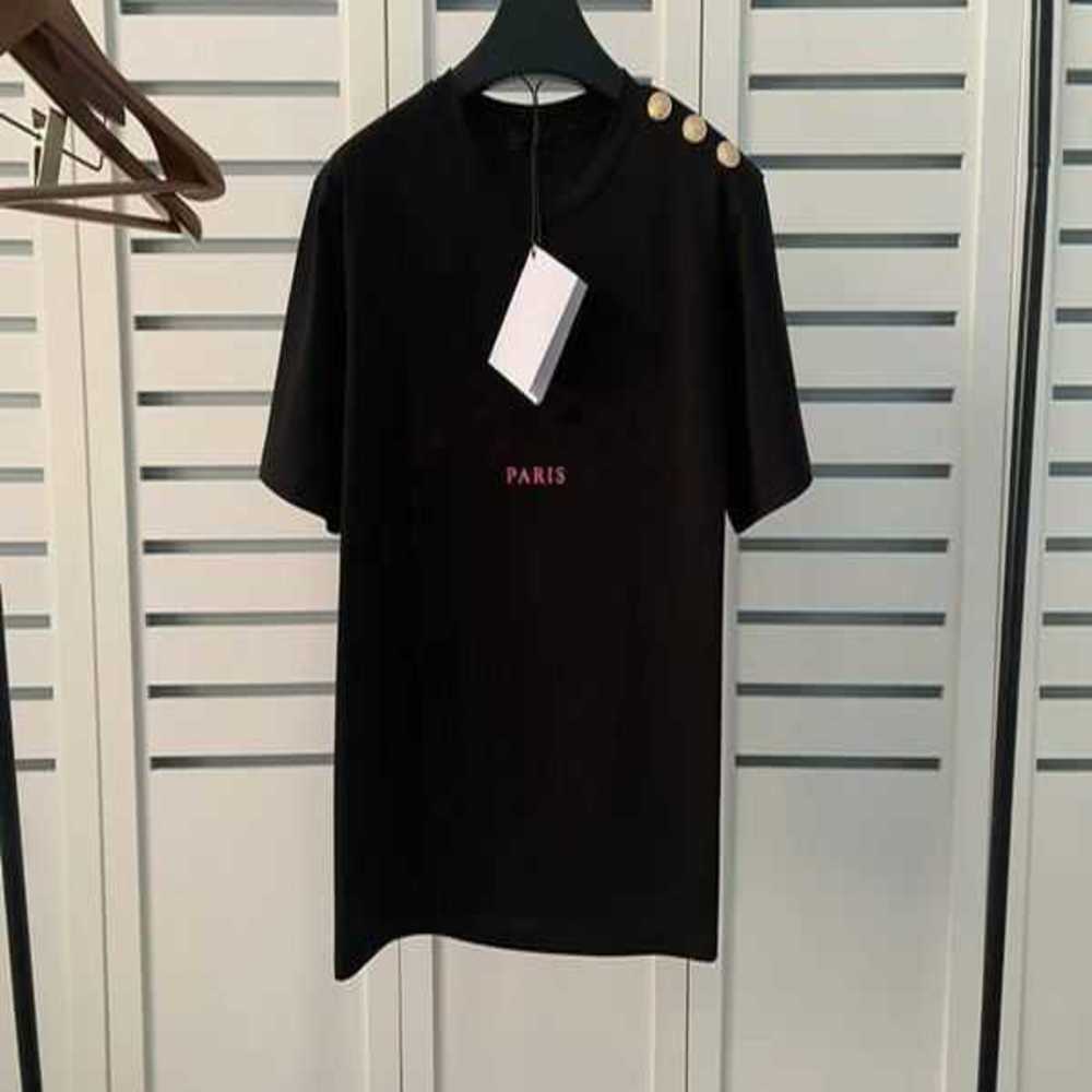 

Designer Tshirts Top cotton spandex Woman Tee for Lovers Letter Short Sleeve Round Crew Neck with Shoulder, Blue+gold letters/gold buttons