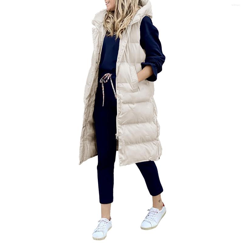 

Women's Vests Fashion Long Down Vest Winter Warm Thick Solid Color Sleeveless Hooded Puffer Jacket Mid-Length Coats Outerwear, Black