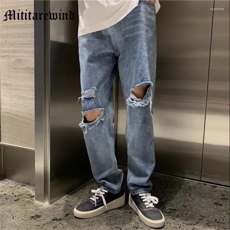 

Men' Jeans High Street Hole Ripped Ins Simple Wide Leg Straight Skateboard Men Women Pants Hip Hop Loose Baggy Casual Summer Trousers, Blue