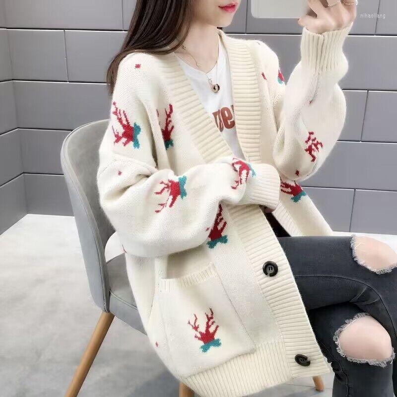 

Women' Knits Autumn Women' V-neck Antler Pattern Sweater Knitted Cardigan, 1off white
