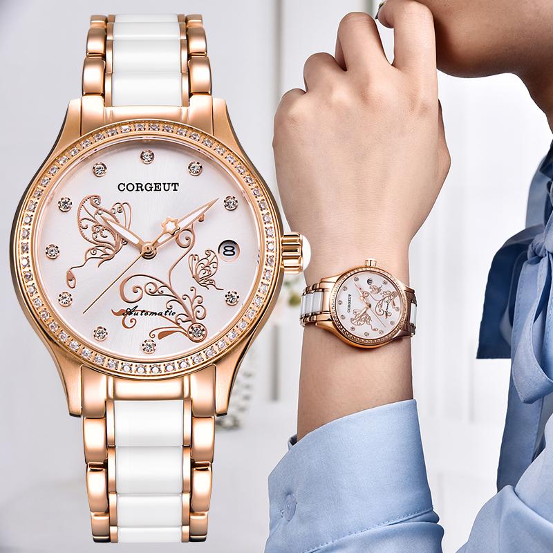 

Wristwatches 2023 Ceramic Watch Female Automatic Mechanical Waterproof Fashion Brand Ladies Women, Rose