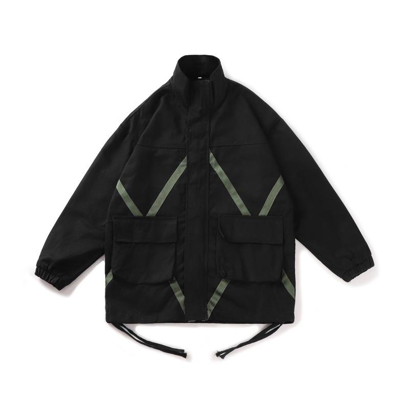 

Men's Jackets Hip Hop Long Sleeve Coat Pocket Windbreaker Male Bomber Men 2023Autumn Cargo Belt Chic Black Green StreetwearMen's