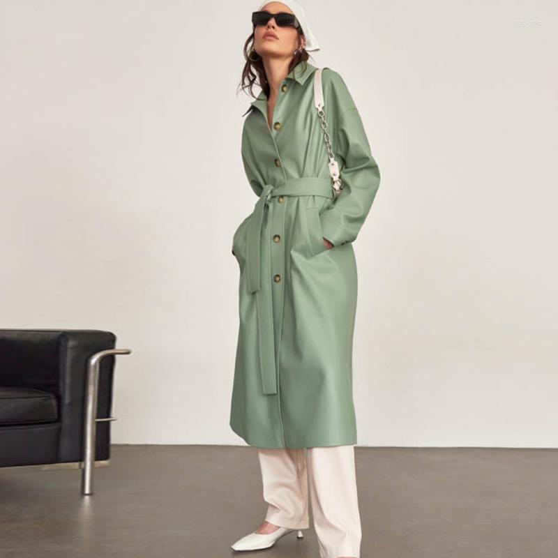

Women' Leather Churses Fashion Belt Mintgreen PU Trench Coat Women Autumn Winter Long Sleeve Single Breasted 2023 Outwear, Army green